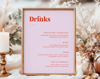 PALOMA Modern Retro Drinks Menu Sign, Editable Wedding Bar Menu Template, Printable Bar Sign, Minimal Cocktail Menu 8x10, 24x36, 18x24, A1