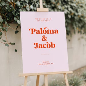 Modello di cartello di benvenuto moderno in stile bohémien PALOMA, cartello di benvenuto per matrimonio modificabile, rosa e rosso retrò, cartello di benvenuto digitale, siamo così contenti che tu sia qui