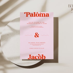 Plantilla de invitación de boda retro moderna PALOMA, diseño de invitación de boda editable en rosa y rojo llamativo, imprimible, descarga digital instantánea