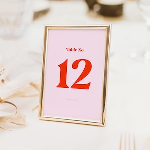 PALOMA Modern Retro Table Number Template, Pink & Red Wedding Table Number Sign, Editable Table Numbers, Printable Reception Table Signage