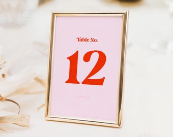 PALOMA Modern Retro Table Number Template, Pink & Red Wedding Table Number Sign, Editable Table Numbers, Printable Reception Table Signage