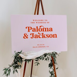 PALOMA モダンレトロウェルカムサイン横型テンプレート、編集可能なピンクと赤のウェディングウェルカムサイン、印刷可能なウェディングウェルカムサイン