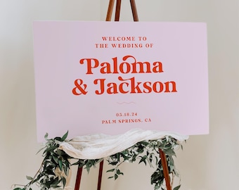 PALOMA Modern Retro Welcome Sign Horizontal Template, Editable Pink and Red Wedding Welcome Sign, Printable Welcome to Our Wedding Sign