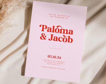 PALOMA Modern Boho Wedding Invitation Template, Editable Pink & Red Retro Wedding Invite Design, Printable, Instant Digital Download