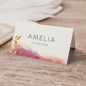 Plantilla elegante para tarjeta de lugar KIM / Acuarela burdeos y pan de oro / Tarjetas de nombre de mesa planas y plegables / Tarjeta imprimible para cenas