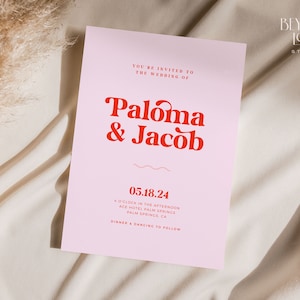 PALOMA Nowoczesny Boho Szablon Zaproszenia Ślubnego, Edytowalny Różowy i Czerwony Retro Projekt Zaproszenia Ślubnego, Do Wydrukowania, Natychmiastowe Pobranie Cyfrowe