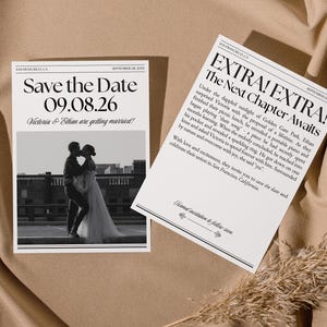 VIC Newspaper Save the Date Card Template, Engagement Announcement Card, Editable Photo Save the Date Invite, Canva Newspaper Template