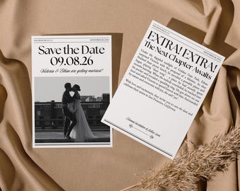 VIC Newspaper Save the Date Card Template, Engagement Announcement Card, Editable Photo Save the Date Invite, Canva Newspaper Template