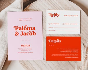 PALOMA Modern Boho Wedding Invitation Set Template, Editable Pink & Red Wedding Invite, RSVP, and Details Cards, Printable Wedding Suite