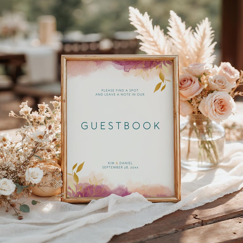 KIM Elegant Wedding Guestbook Template | Wine Burgundy Watercolor ...