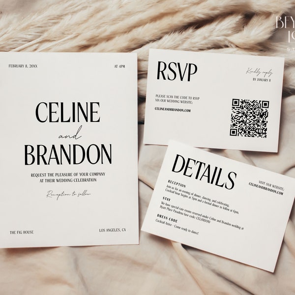 Modèle de faire-part de mariage élégant moderne CELINE, faire-part de mariage minimal modifiable, RSVP et carte de détails, suite de cartes de mariage imprimable