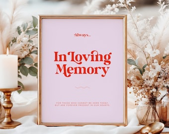 May include: A framed sign with the words "In Loving Memory" in red script on a light pink background. The sign includes the text "Always..." at the top and a message at the bottom. The frame is gold.