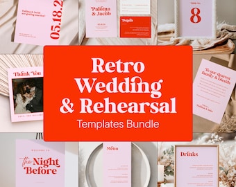 May include: A collection of retro-style wedding and rehearsal templates in pink and red. Includes save-the-date cards, invitations, table numbers, menus, and signage. The text includes "Retro Wedding & Rehearsal Templates Bundle."