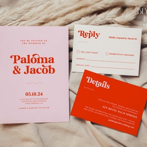 PALOMA Moderne Boho Hochzeitseinladung Set-Vorlage, bearbeitbare rosa und rote Hochzeitseinladung, Antwortkarten und Detailkarten, druckbare Hochzeitsreihe