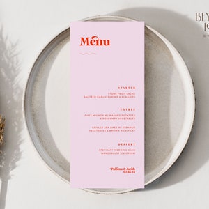 Menu de mariage Boho moderne PALOMA, modèle de menu minimaliste rose et rouge vintage, rétro moderne, menu modifiable, imprimable, téléchargement numérique instantané