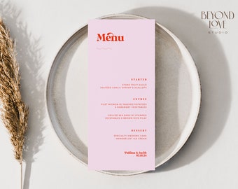 May include: Pink wedding menu card with the title "Menu" in red text. The menu includes starter, entree, and dessert options. The bottom of the card includes the names "Paloma & Jacob" and the date "05.18.24".