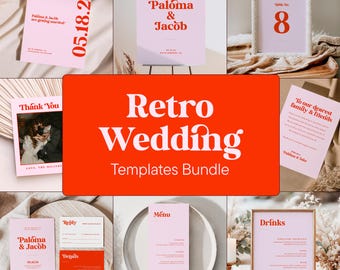 PALOMA Modern Retro Wedding Bundle, Editable Wedding Day Templates, Pink and Red Wedding Templates Bundle, Printable Wedding Signs