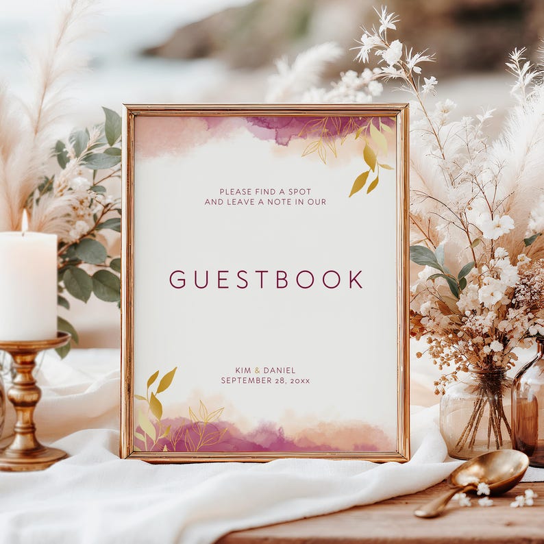 KIM Elegant Wedding Guestbook Template | Wine Burgundy Watercolor ...