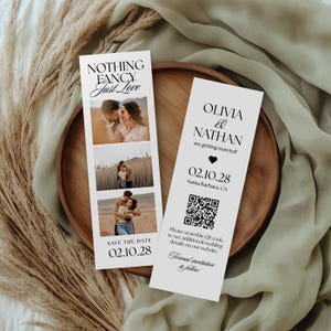 LIV Photo Booth Strip Save the Date Template, Modern Photo Strip Save the Date Design, Minimalist Photo Strip Save The Date QR Code, Canva