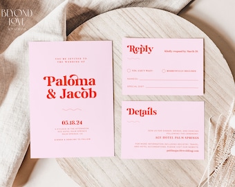 May include: Pink wedding invitation suite with red text. The invitation includes the names "Paloma & Jacob", date, time, and location. The suite also includes a reply card and details card.