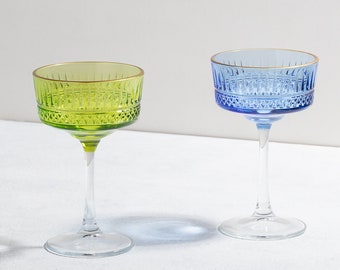 Vintage Colored Crystal Champagne Glass, Unique Margarita Glasses, Bohemian Martini Glass, Fine Cocktail Glass Set, Coupe Glass Set