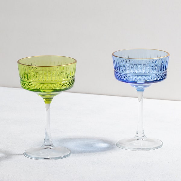Vintage Colored Crystal Champagne Glass, Unique Margarita Glasses, Bohemian Martini Glass, Fine Cocktail Glass Set, Coupe Glass Set