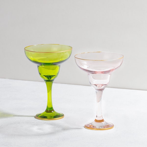 Boho Colored Margarita Glass, Vintage Hand Blown Glass, Unique Alcohol Glass, Martini Glass Set, Bundle Cocktail Glass, Coupe Glasses