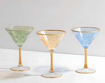Vintage Crystal Martini Glass With Gold Trim, Boho Alcohol Glass Set, Colored Margarita Set, Bundle Martini Glass, Colorful Glassware