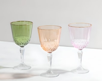 Vintage Crystal Colored Wine Glasses With Gold Mouth Plated, Vintage Wine Glasses, Unique Boho Colored Glassware, Cut Crystal Wine Glass