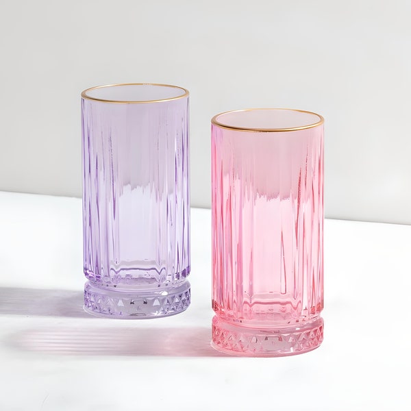 Vasos de bebida elegantes, vaso con borde dorado de jugo, vaso alto para beber, copa de cóctel hecha a mano de colores, cristalería moderna y vintage