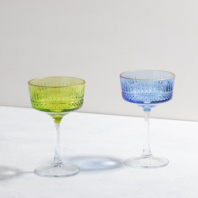 Vintage Colored Crystal Champagne Glass, Unique Margarita Glasses, Bohemian Martini Glass, Fine Cocktail Glass Set, Coupe Glass Set image 1