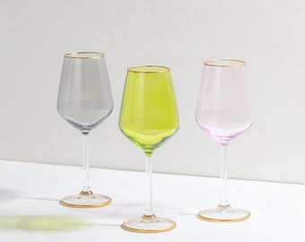 Elegant Gold Rimmed Wine Glass, Unique Alcohol Glass, Colored Wine Glass Set, Bundle Vintage And Modern Wine Glasses, Glass For Wine