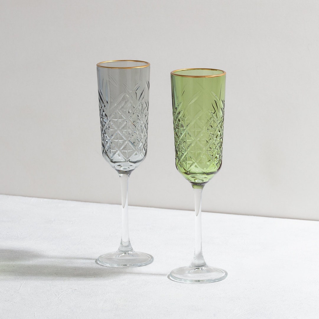 Colored Gold Rimmed Champagne Retro Glass, Crystal Champagne Flutes