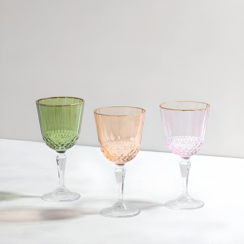 Vintage Crystal Colored Wine Glasses With Gold Mouth Plated Etsy