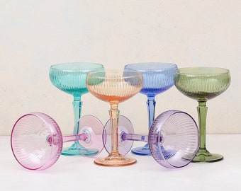 Vintage Colored Crystal Champagne Coupe, Unique Margarita Glasses, Bohemian Martini Glass, Fine Cocktail Glass Set, Coupe Glass Set