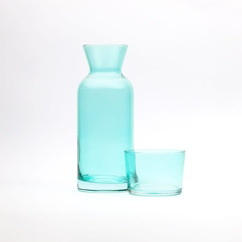 Ensemble 8 couleurs de carafes de chevet et verres, ensemble de pichets avec couvercle, ensemble de carafes de chevet, bouteille d'eau en verre, carafe et ensemble de verres avec couvercle Sea Green