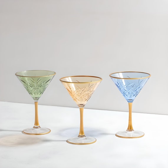 Vintage Crystal Martini Glass With Gold Trim, Boho Alcohol Glass Set,  Colored Margarita Set, Bundle Martini Glass, Colorful Glassware 