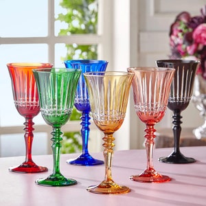 Vintage Crystal Cut Wine Glasses, Colorful Crystal Wine Glass, Colored Glassware, Traditional Wine Glass Set, Modern Rippled Wine Glasses
