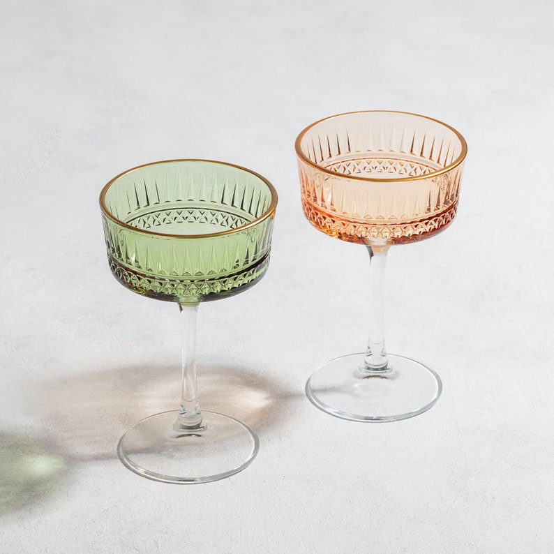 Vintage Colored Crystal Champagne Glass, Unique Margarita Glasses, Bohemian Martini Glass, Fine Cocktail Glass Set, Coupe Glass Set image 3
