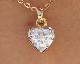 Colgante de diamantes estilo georgiano con botón trasero recortado, colgante de oro blanco con diamantes cultivados en laboratorio IGI, collar con colgante de corazón de moissanita