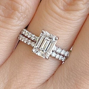 Emerald Lab Grown Diamond Engagement Ring Set, Solid Gold Certified Lab Diamond Women Ring, Moissanite Propose/Promise Ring with pair band
