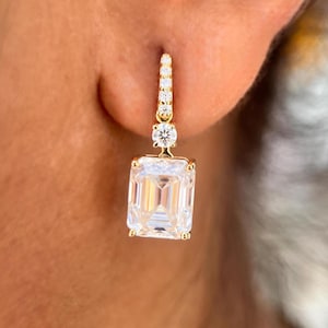 Emerald And Round Lab Diamond Multi-Shape Earring, Women Wedding Earrings, Dangle & Drop Diamond Earrings, Wedding Earrings For Women