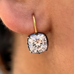 Georgian Cut Down Button Back Setting Moissanite Earrings, Russian Style Lever Back Earrings, Blackened Gold Cushion Moissanite Earrings