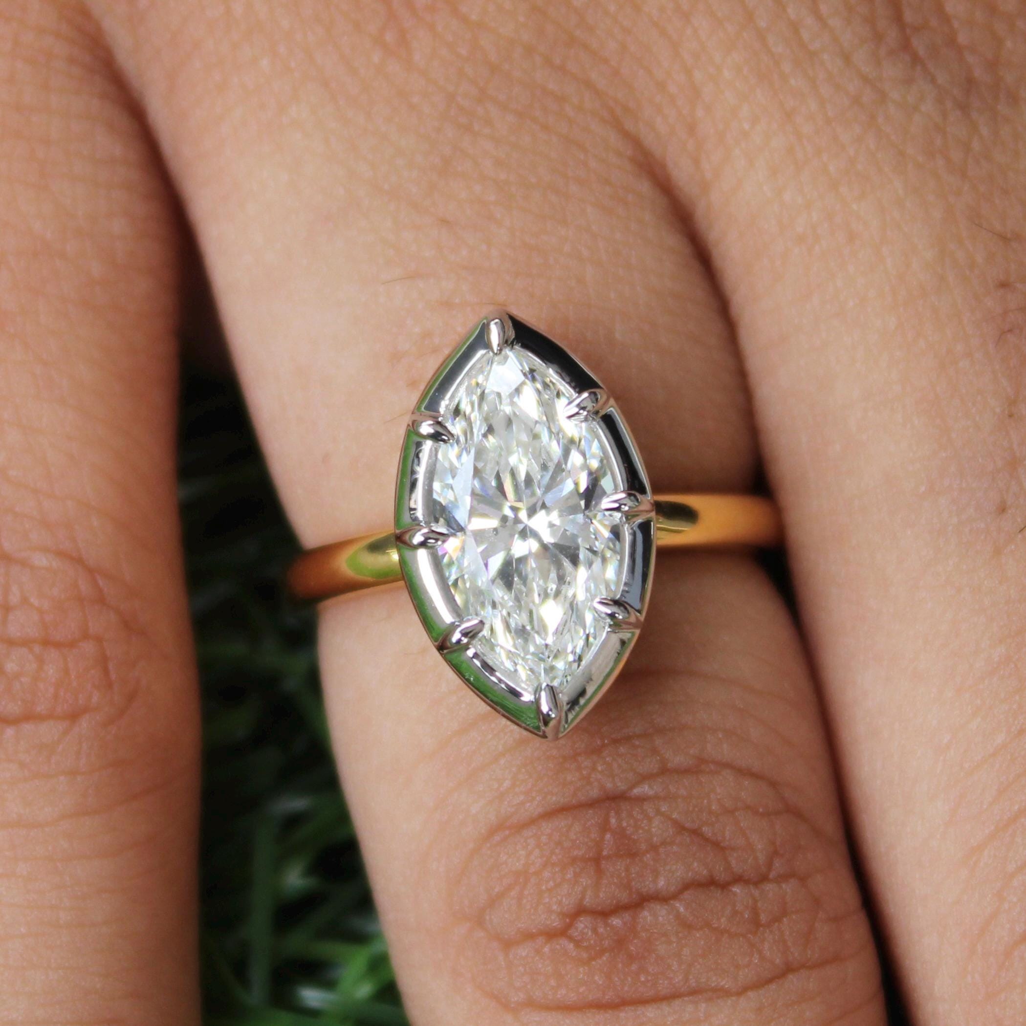 Georgian Cut Down Marquise Lab Grown Diamond Women Ring, Button Back Set Certified Marquise Cut Diamond Ring For Women