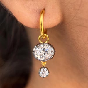 Oval and Round Lab Grown Diamond Earrings, Georgian Cut Down Button Back Setting Earring, Victorian Earrings, Blacken Gold Hoop Earrings