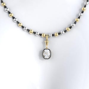 Long Cushion Collet Set Georgian Style Cut Down Button Back Moissanite Pendant, Edwardian Ball n Chain Necklace with Blackened Gold Links