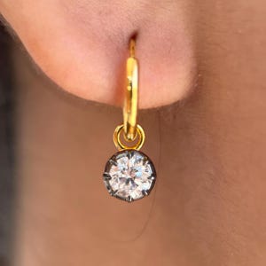Round Lab Grown Diamond Earrings, Georgian Cut Down Button Back Setting Earring, Victorian Earrings, Blacken Gold Hoop Earrings