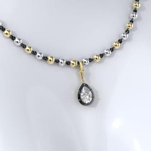 Pear Collet Set Georgian Style Cut Down Button Back Moissanite Pendant, Edwardian Ball n Chain Necklace with Blackened Gold Links