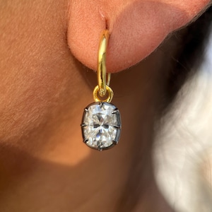 Rectangular Cushion Lab Grown Diamond Earring, Georgian Cut Down Button Back Setting Earring, Victorian Earrings, Blacken Gold Hoop Earrings
