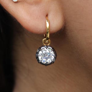 Round Old Euro Cut Moissanite Earrings, Georgian Cut Down Button Back Setting Earring, Victorian Earrings, Blacken Gold Hoop Earrings